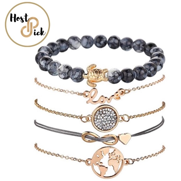 Baubl’d Jewelry - Turtle/World Map/Marble 5-Piece Bracelet Set